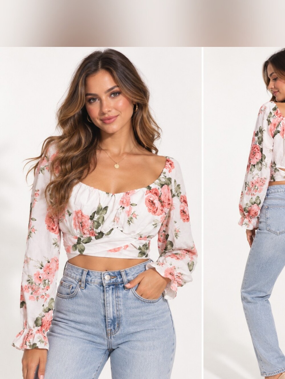 Floral Tie-Back Crop Top in White & Pink